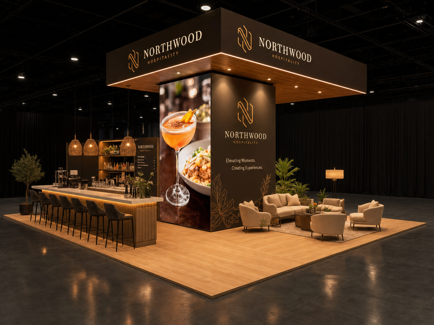 HD Expo 20x20 LED Video Wall Booth for Hospitality Brands - 20x20 LED exhibit with premium furniture