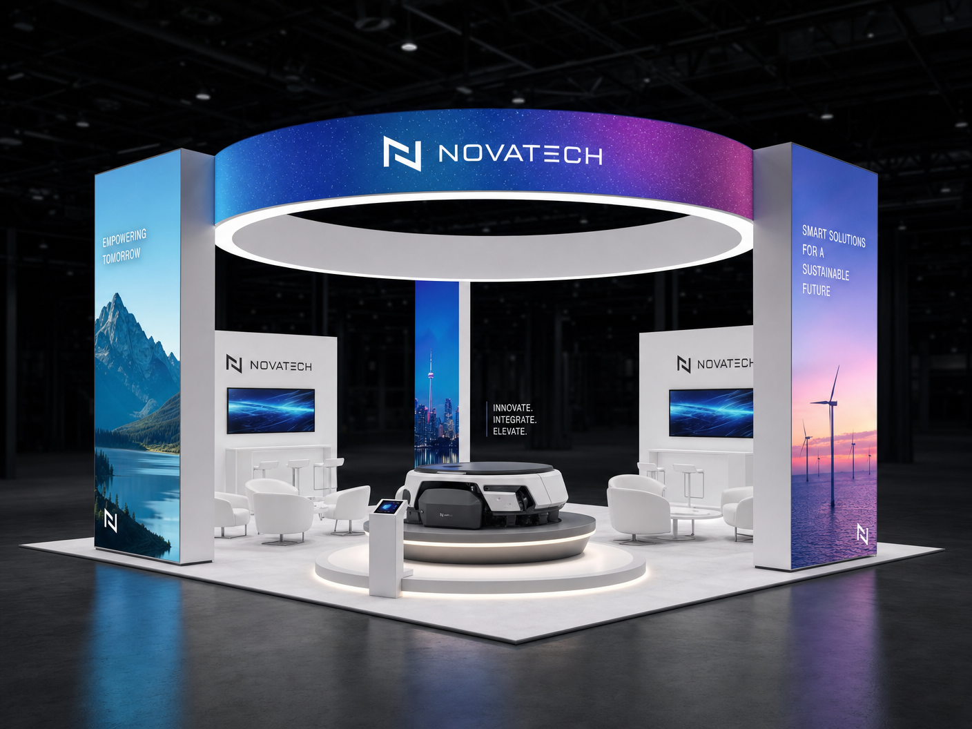 20x20 with LED Tower Pillars example with LED hanging sign