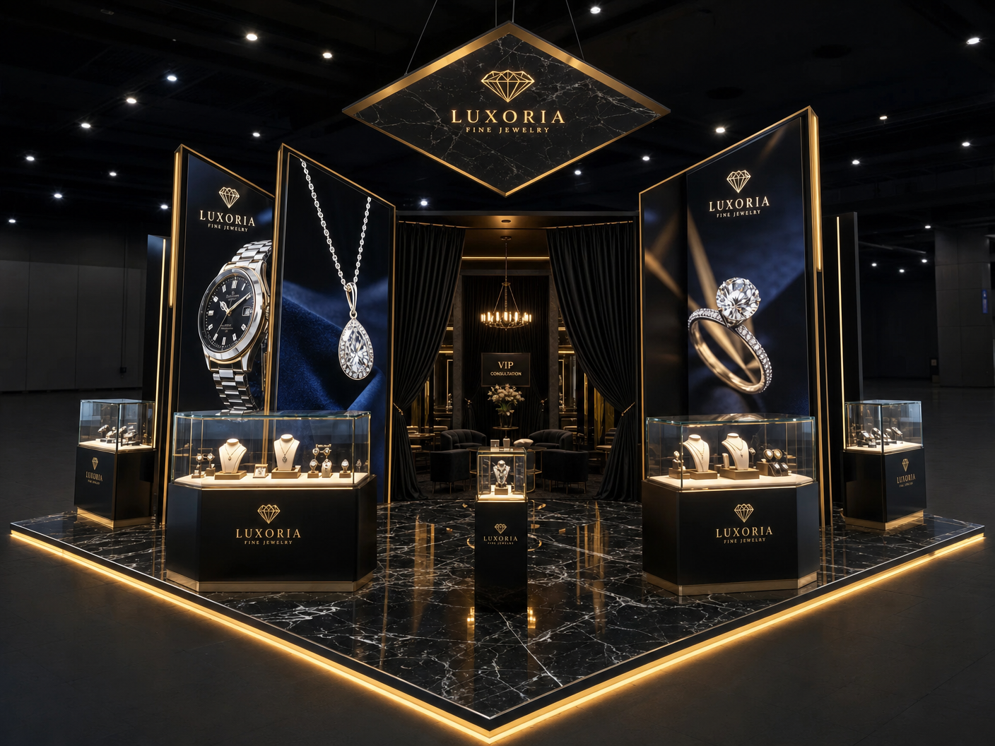 JCK Las Vegas 20x20 LED Panel Booth for Jewelry Brands - 20x20 LED exhibit with premium furniture