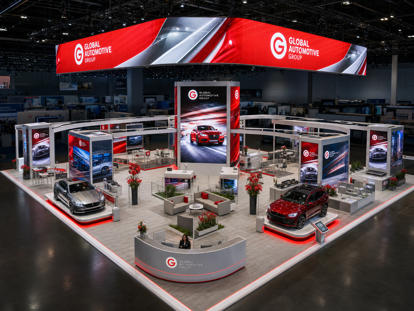 SEMA 50x50 LED Booth for Automotive Brands - 50x50 LED trade show booth rental Orlando Las Vegas