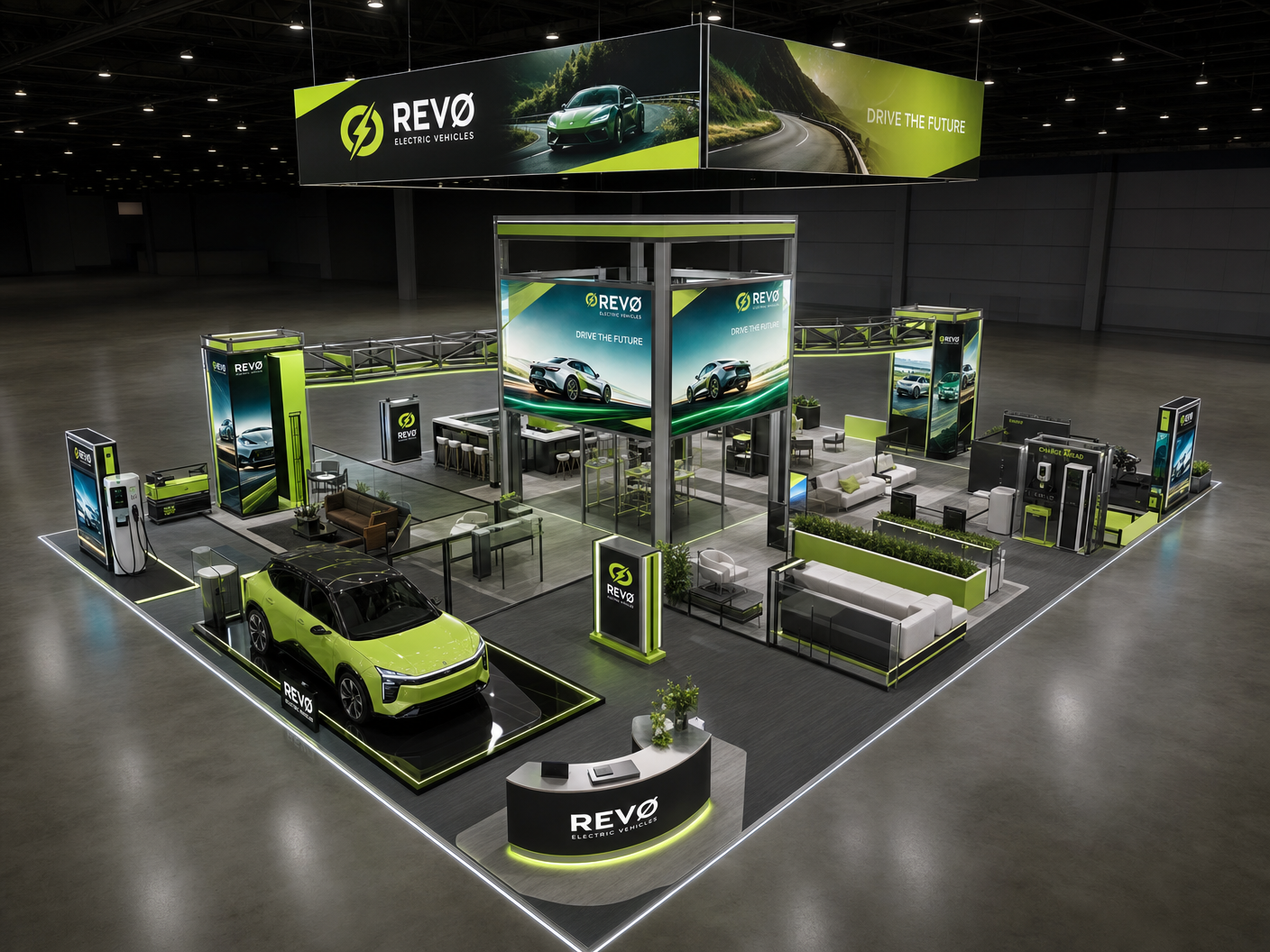 50x50 Interactive LED Booth for Battery Show EV Companies - 50x50 LED trade show booth rental Orlando Las Vegas