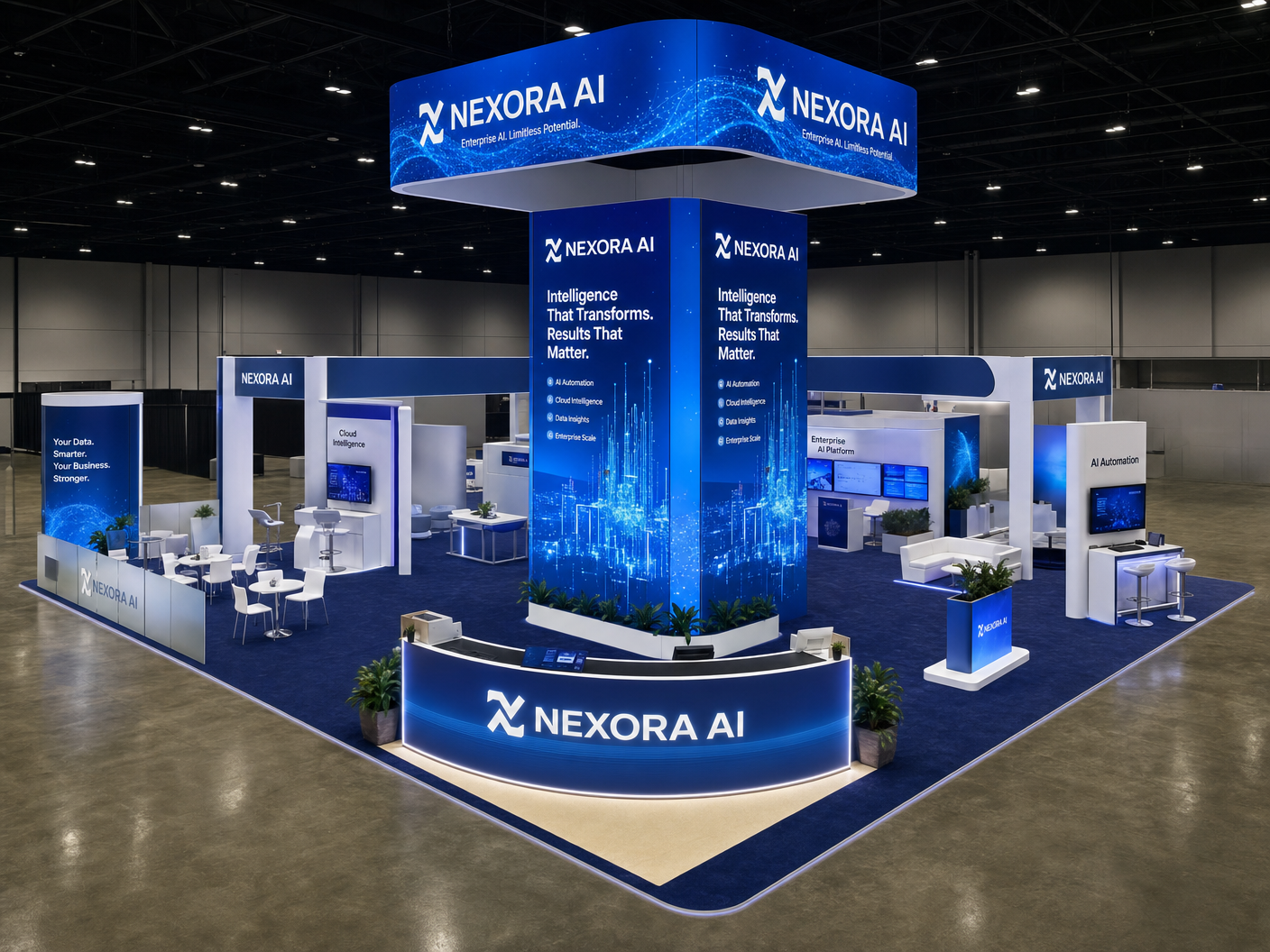 SEMA Show 30x40 LED Video Wall Booth – Automotive Companies - 30x40 LED exhibit with premium furniture