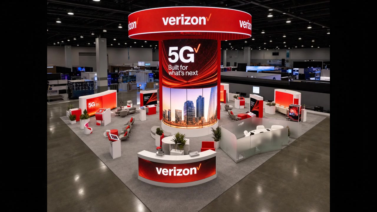 30x40 LED exhibit booth rental with hanging sign - 30x40 Dynamic LED Exhibit for InfoComm Telecom Brands