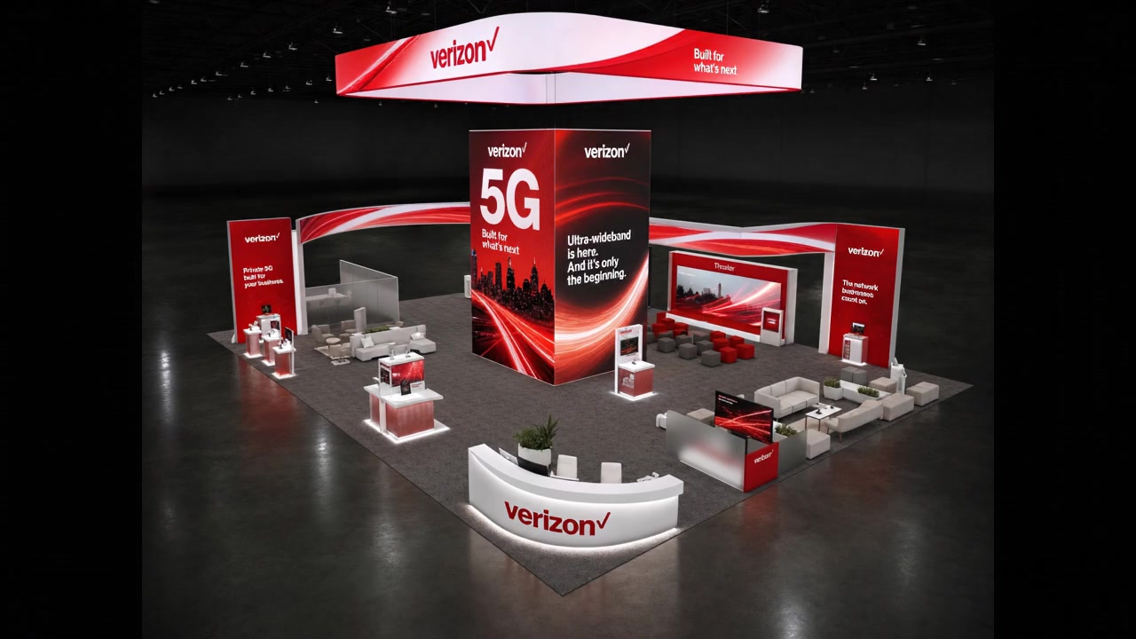 40x40 LED exhibit booth rental with hanging sign - MWC LED Display Booth – 40x40 Telecom Brands