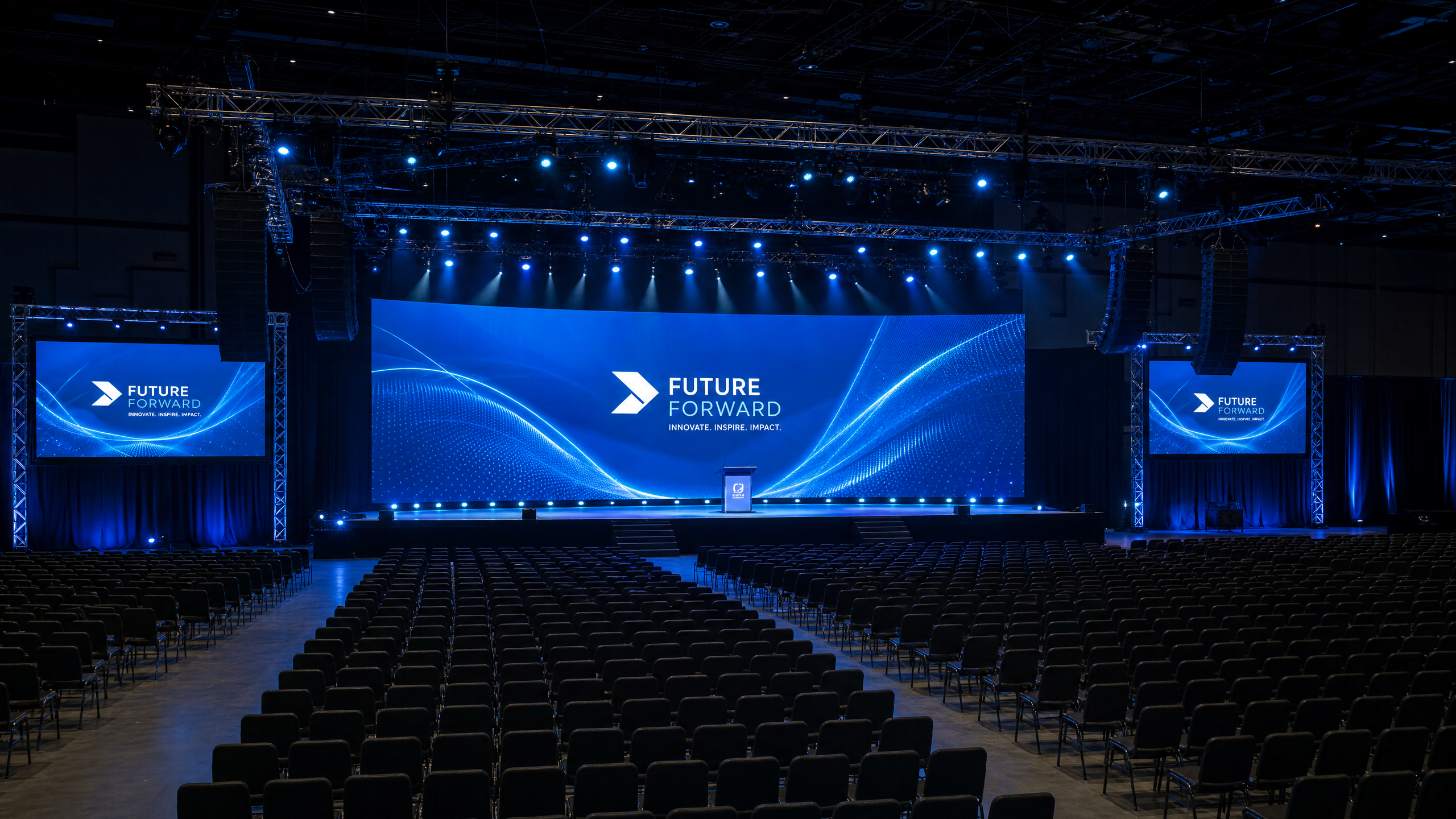 Conference arena venue with LED exhibit booth installations